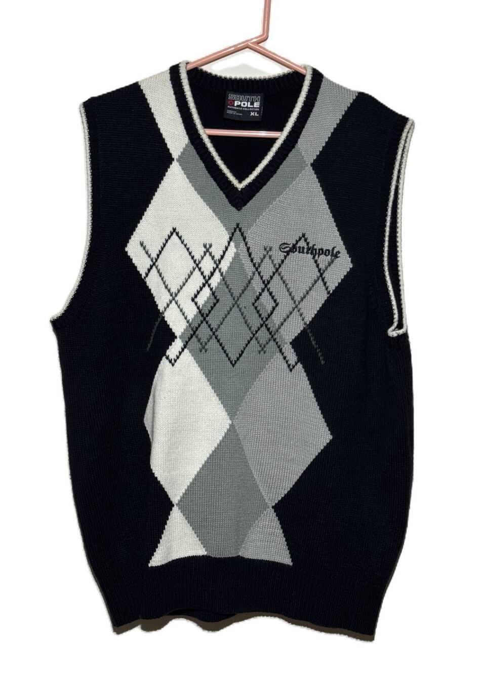 VTG Southpole Argyle Sweater Vest XL Black Grey Y2K Hip Hop Streetwear Knit